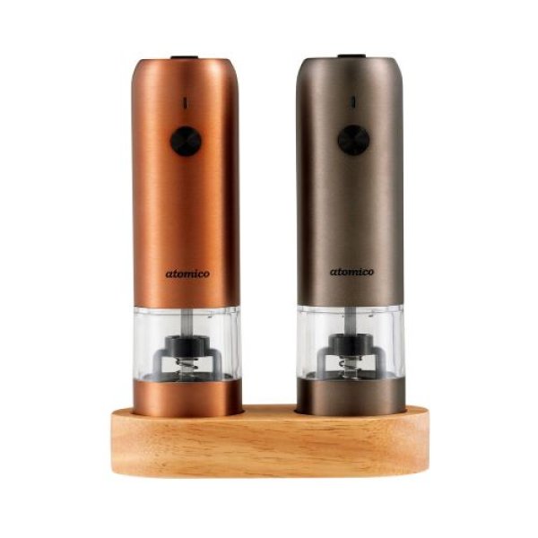 画像1: シービージャパン ペッパーミル 充電式 電動ミル ソルト&ペッパー カッパー&グラファイトグレー 2本セット 専用ウッドスタンド付 岩塩 胡椒 スパイス 粗さ調節可能 atomico [ B0DXP758V1 / 4573306873723 / 4573306873723 ] (1)